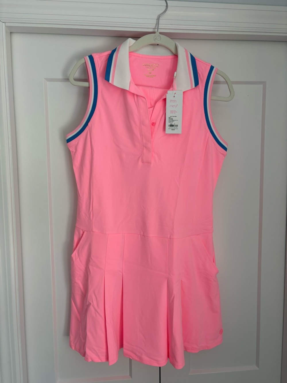 Lilly Pulitzer Neon Pink Sleeveless Polo Dress with White Collar and Blue Trim